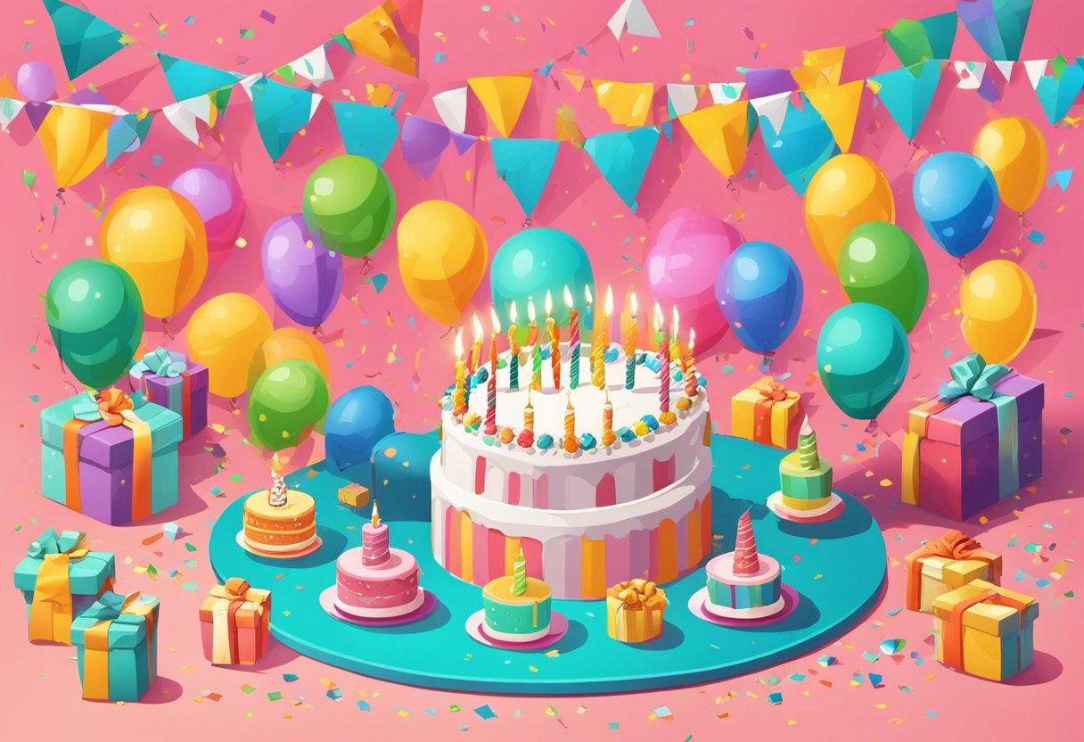 A colorful birthday banner hangs on the wall, surrounded by balloons and confetti. A table is set with a cake and presents, while a joyful atmosphere fills the room