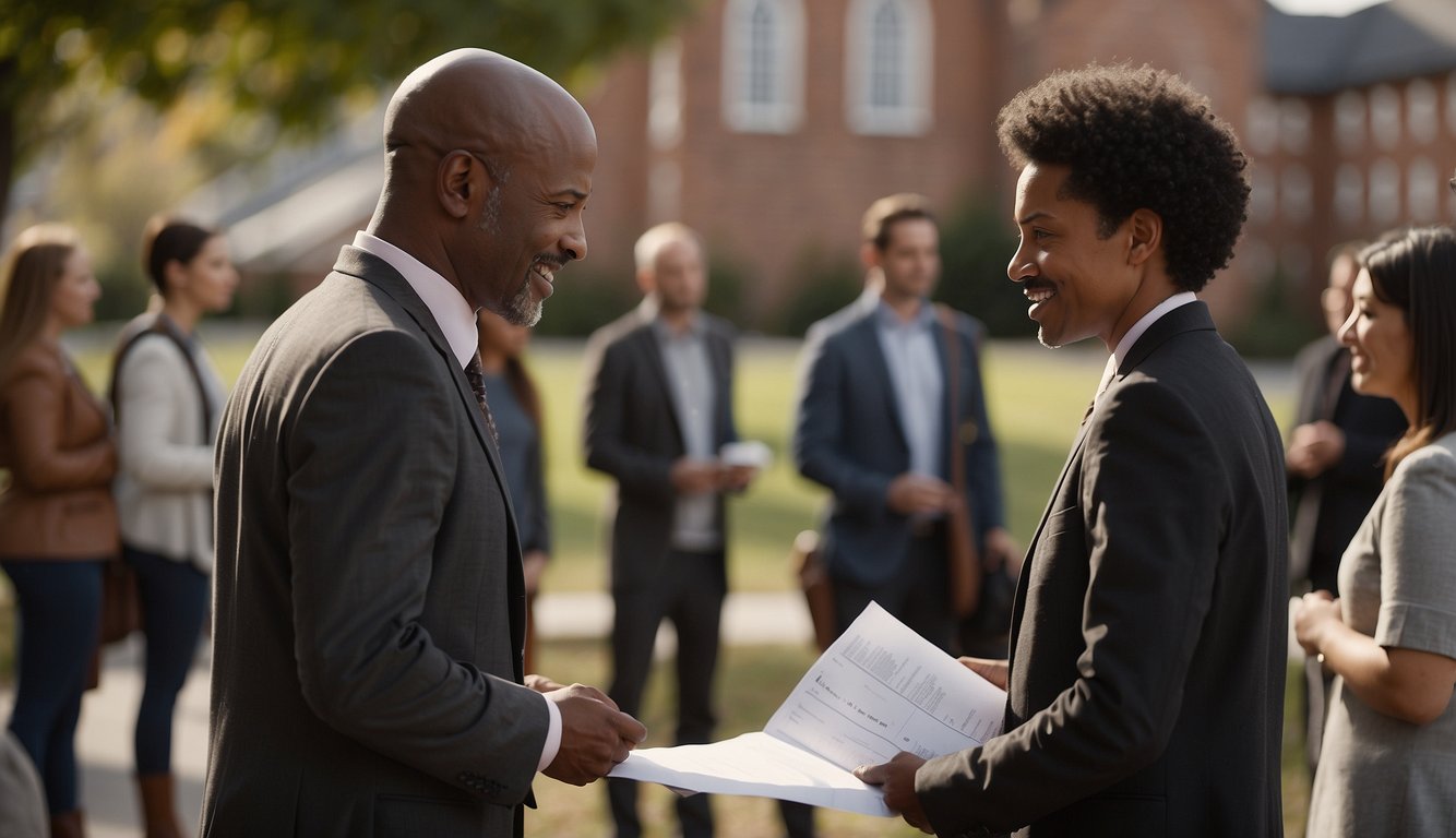 A group of people gather in front of a church, holding a form and conversing with a staff member. The church building stands tall in the background, with a welcoming atmosphere