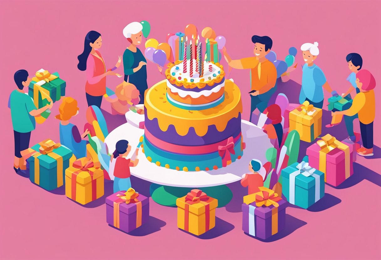 A colorful birthday cake with 11 candles, surrounded by balloons and presents. A happy, smiling daughter opening gifts with family and friends