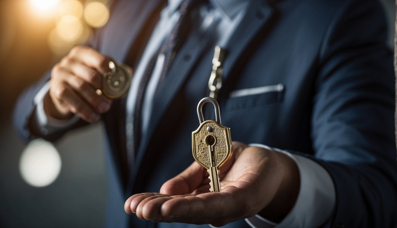 A person confidently holds a key to a secure vault, symbolizing the benefits of choosing a secured loan. The vault is surrounded by a shield, representing protection and security