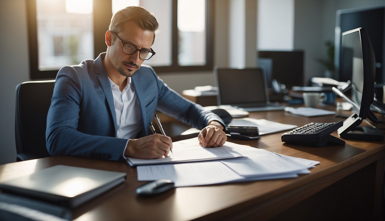 A real estate buyer fills out a form, pen in hand, sitting at a desk with a computer and paperwork spread out