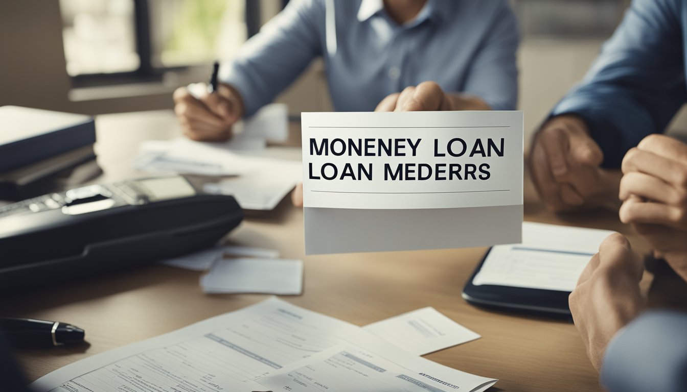 A moneylender's office with a sign displaying the maximum loan amount. A customer filling out paperwork while the moneylender reviews documents