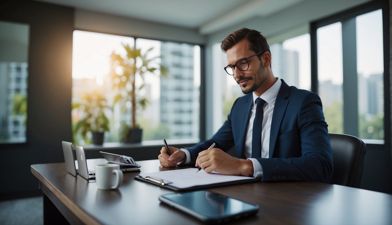 A real estate agent fills out a buyer information form on a clipboard with a pen, while sitting at a desk with a computer and phone nearby