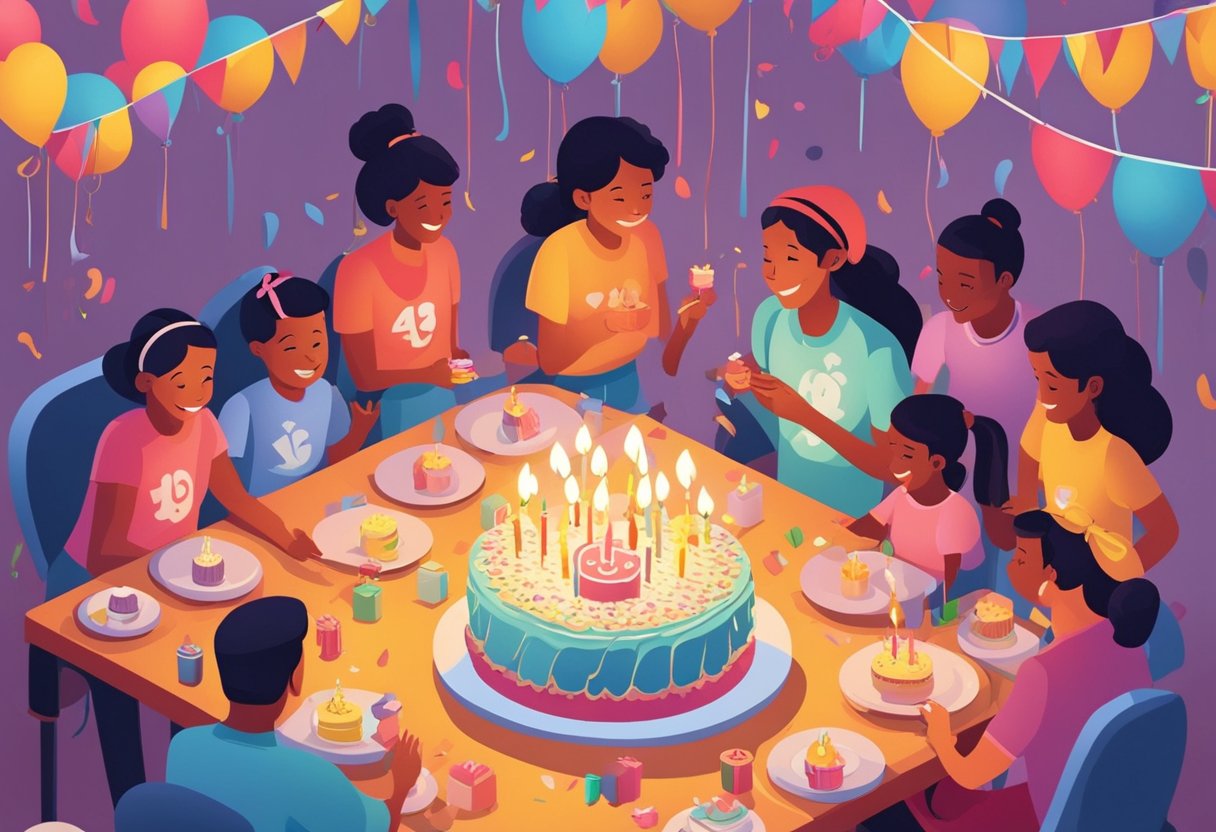 A young girl surrounded by family and friends, blowing out candles on a birthday cake with a big smile on her face