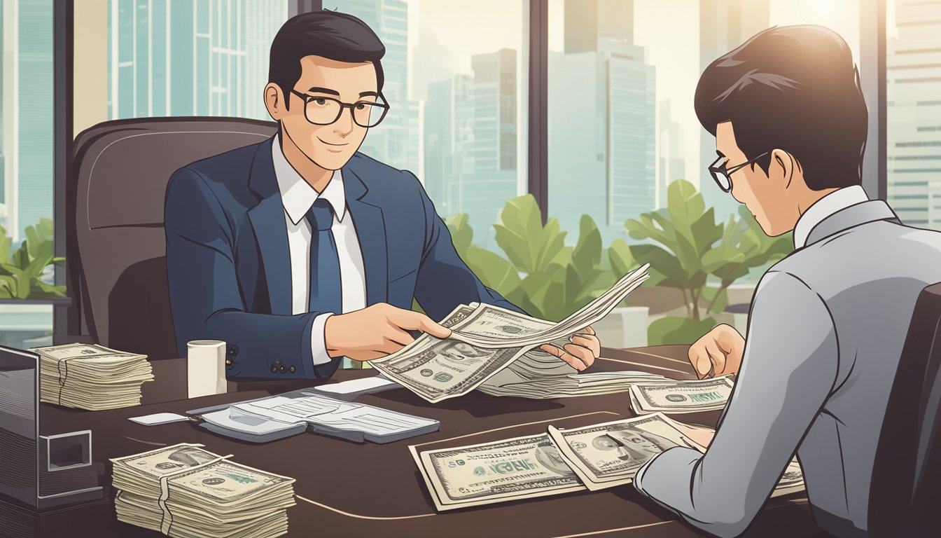 A person sitting at a desk with a moneylender, discussing loan amounts in Singapore. The moneylender is holding up a document showing the maximum borrowing limit