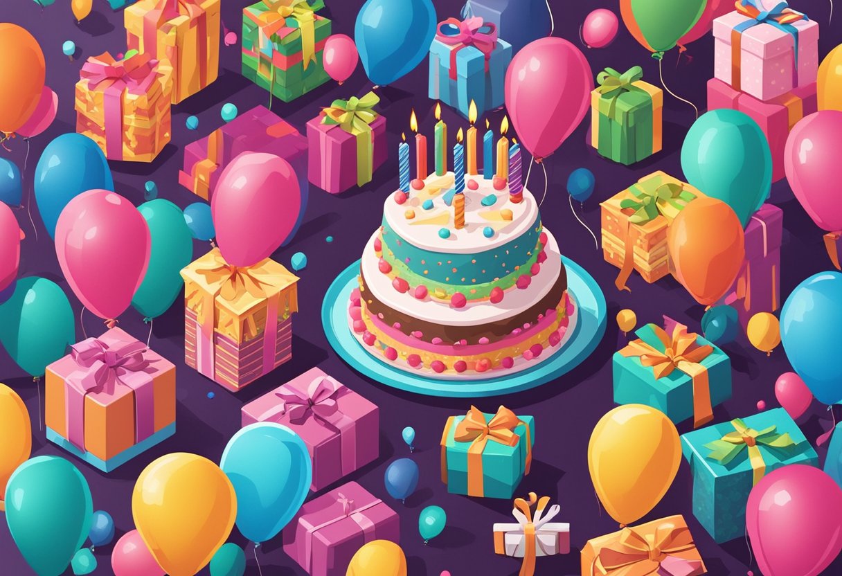 A colorful birthday cake with 12 candles, surrounded by presents and balloons. A card with "Happy 12th Birthday" is propped up against a stack of gifts