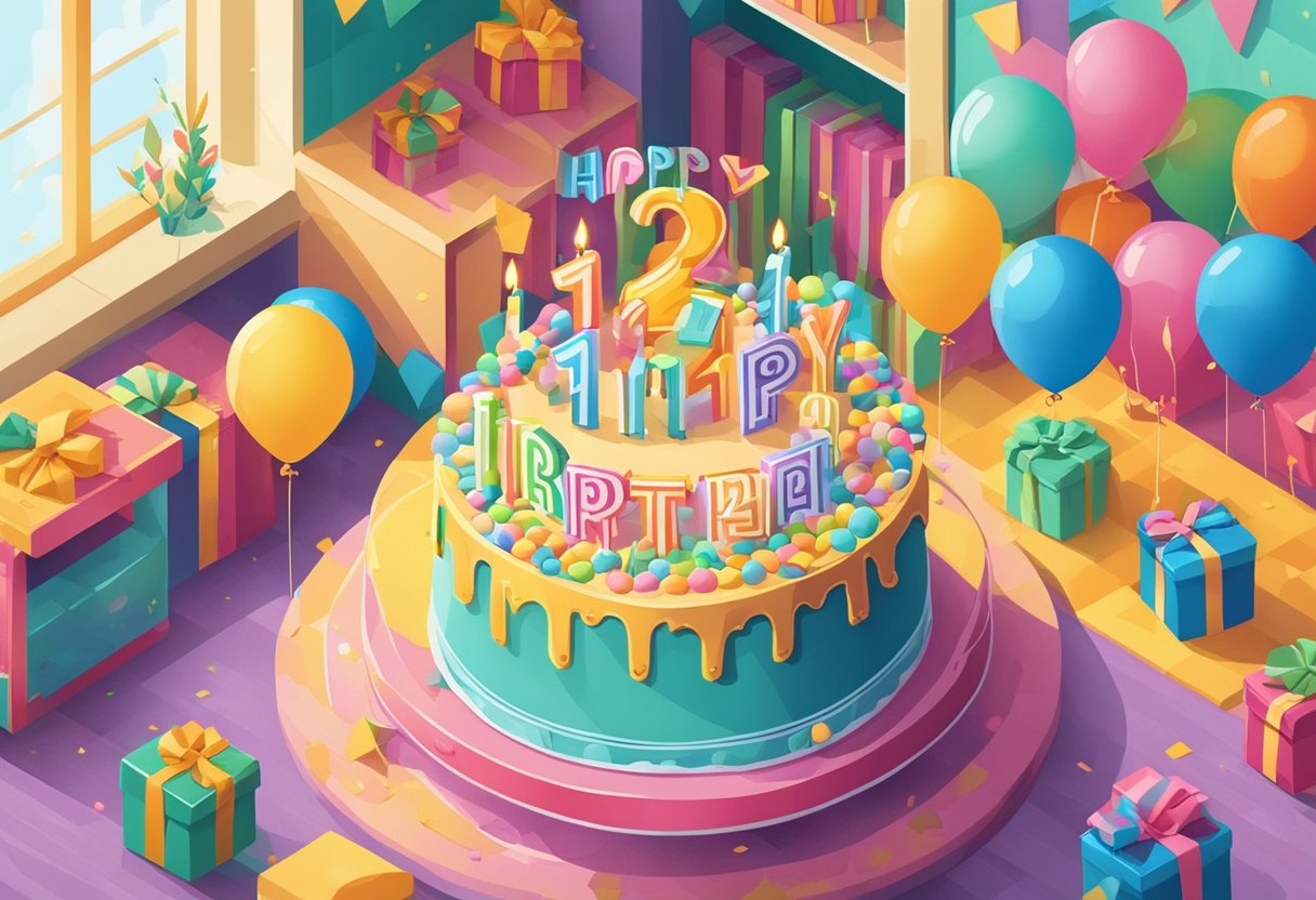 A colorful birthday cake surrounded by presents and balloons, with a banner reading "Happy 12th Birthday" in a bright and cheerful room