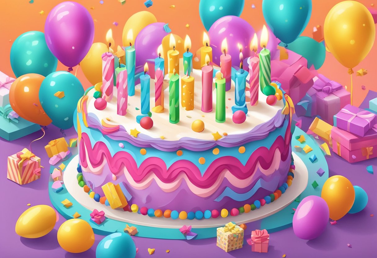 A colorful birthday cake with 12 candles, surrounded by presents and balloons. A happy and excited atmosphere with a sense of celebration and love