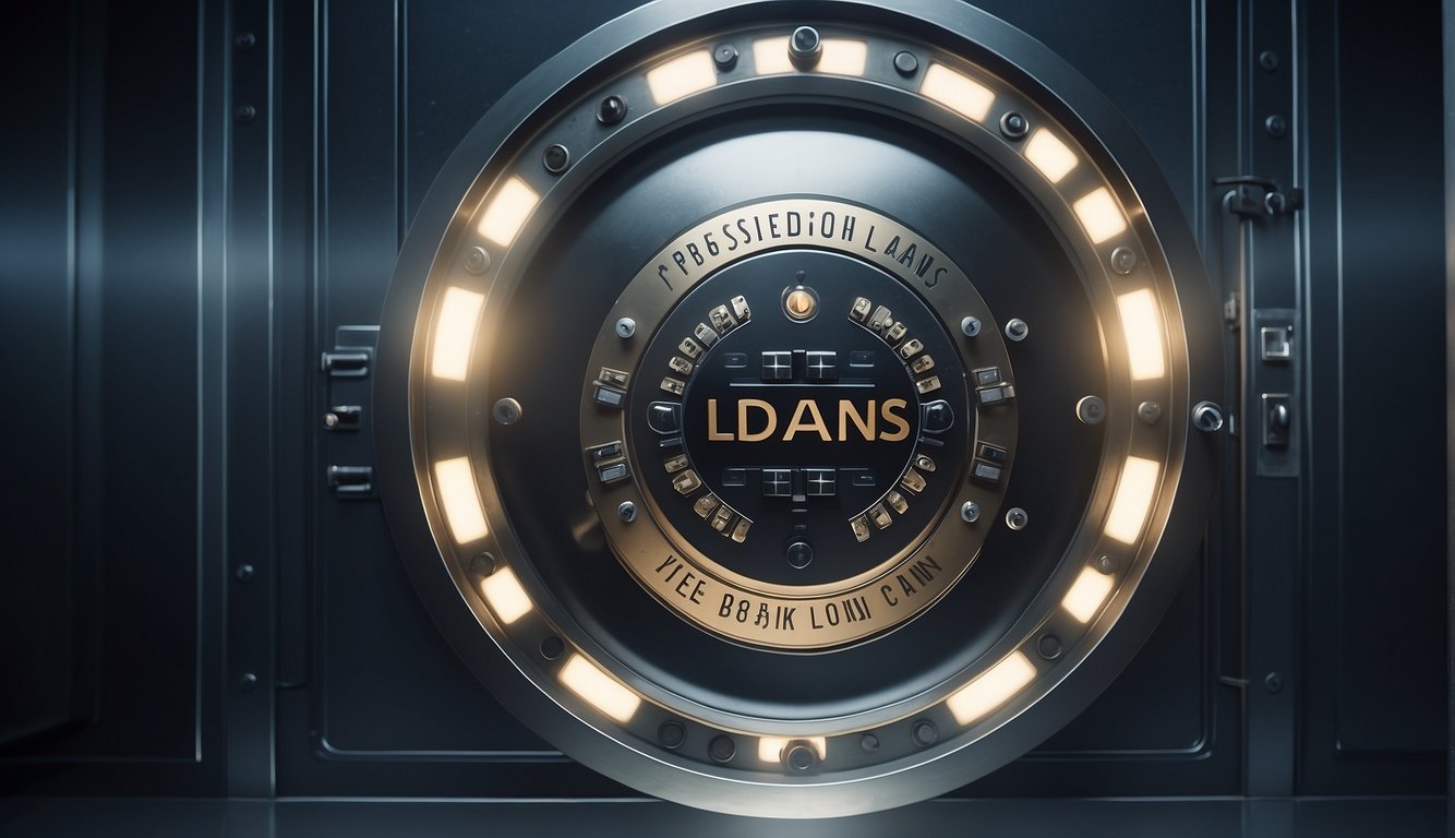 A bank vault door with a prominent "Secured Loans" sign, surrounded by high-tech security features, in a modern office setting
