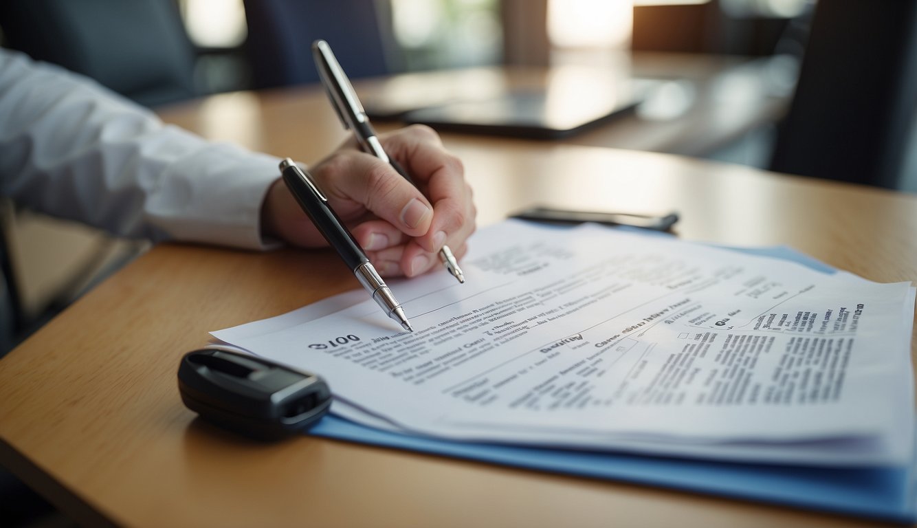 A car sales customer information sheet is being filled out with a pen on a desk in a brightly lit showroom