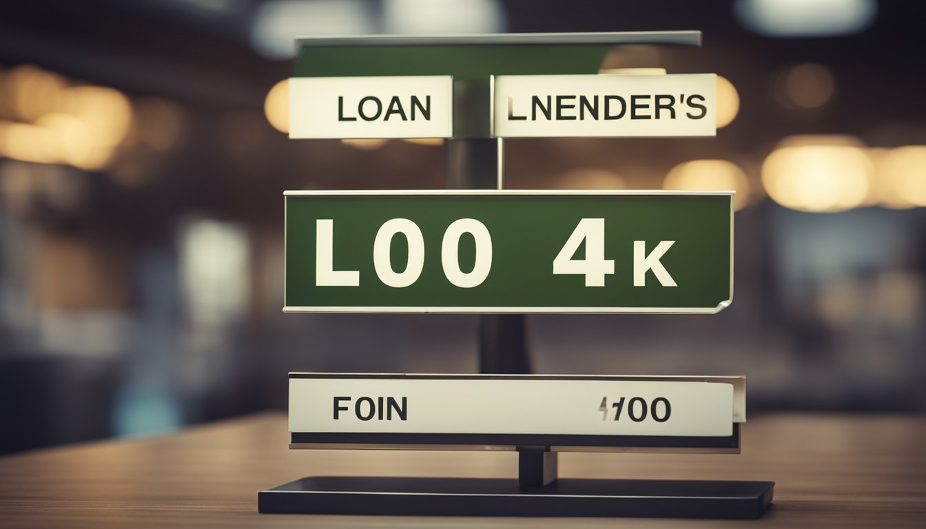 A moneylender's sign displays maximum loan amount and interest rates, with a table of fees