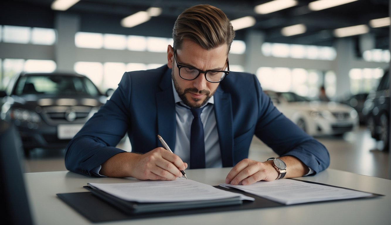 A car sales representative fills out a customer information sheet at a desk in a showroom. The form includes fields for name, contact information, and vehicle preferences