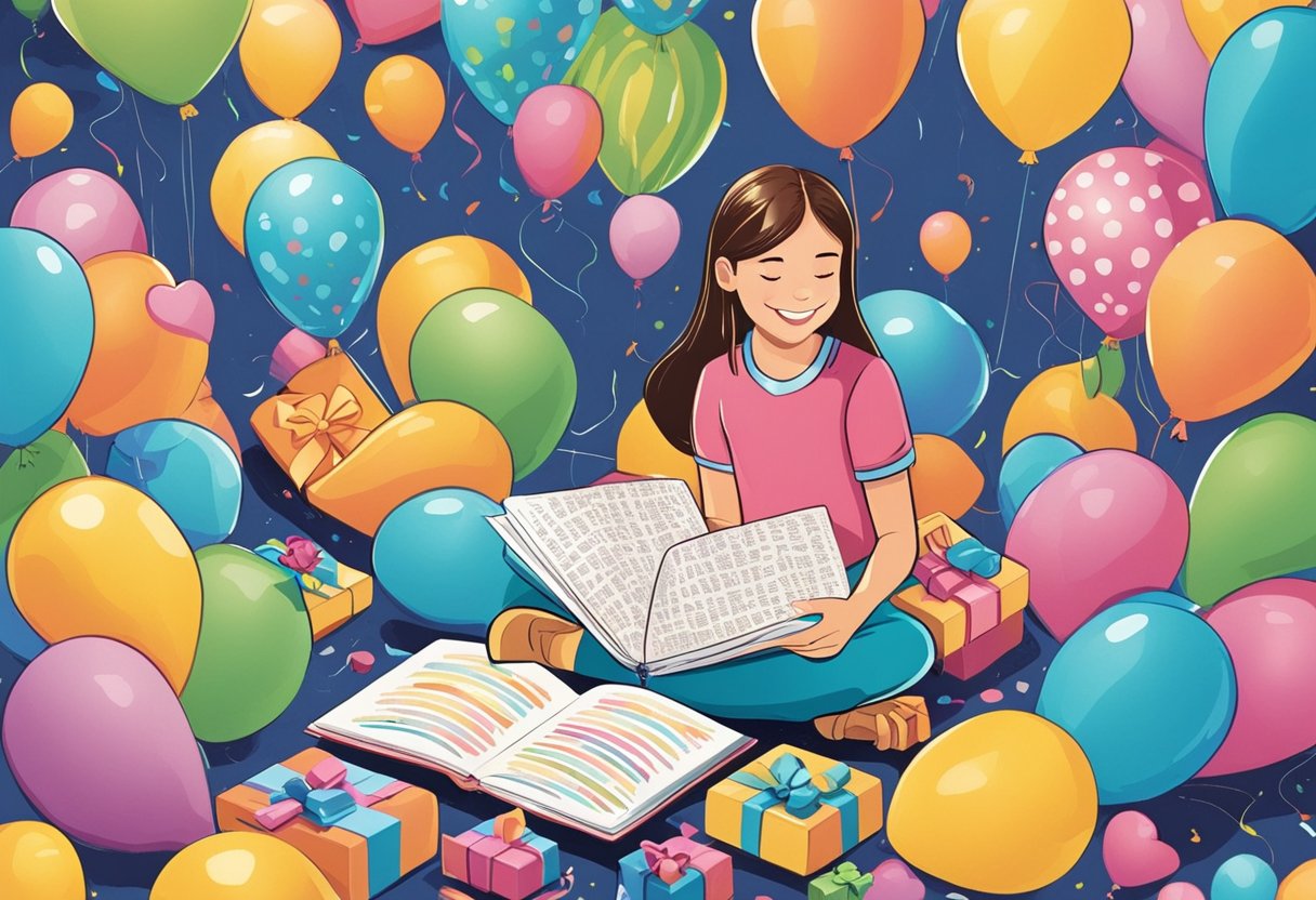 A young girl surrounded by balloons and presents, smiling as she reads a birthday card with a heartfelt quote for her 13th birthday