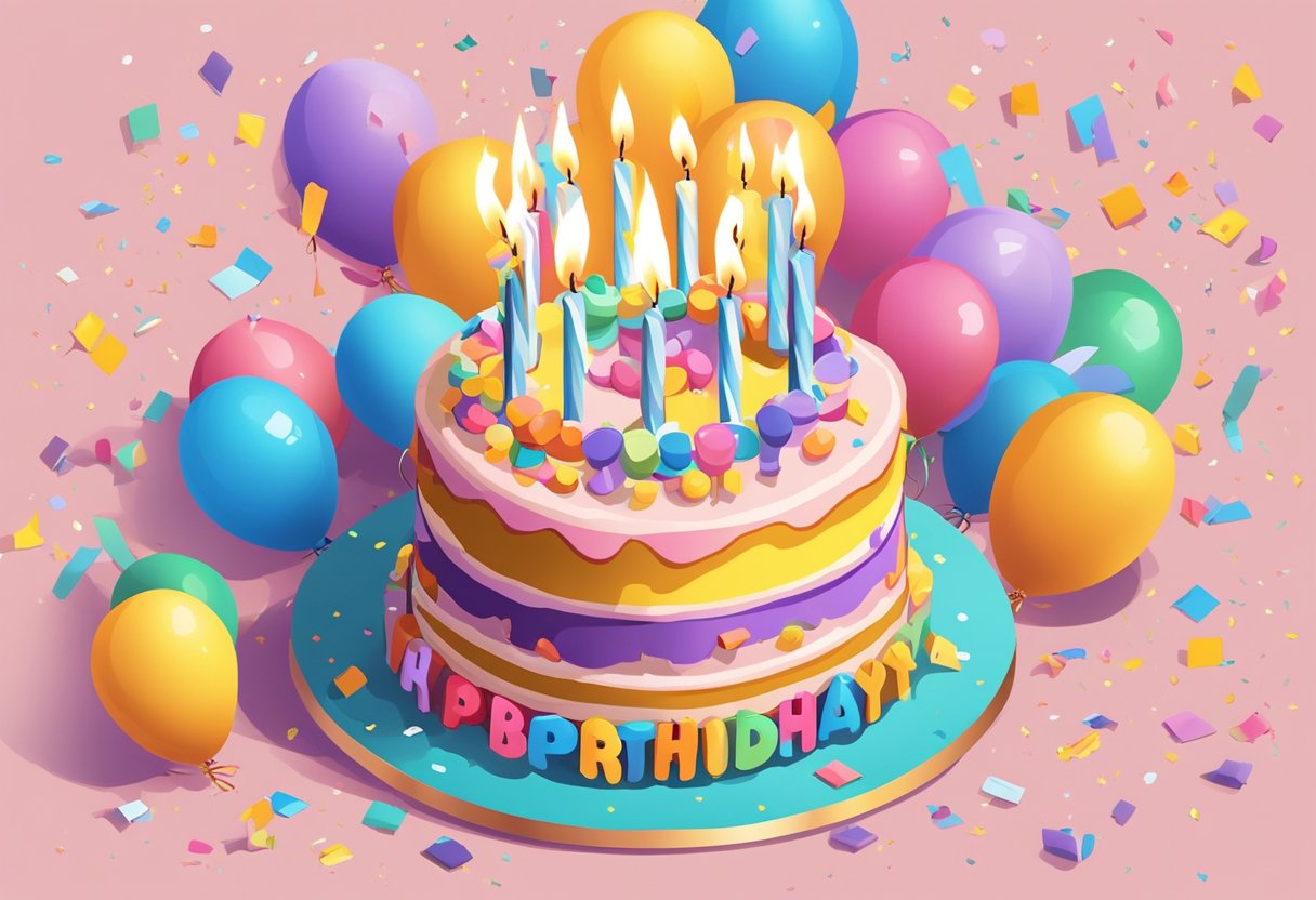 A colorful birthday cake with 13 candles burning brightly, surrounded by balloons and confetti. A lovingly written list of 25 heartwarming birthday quotes for a daughter is displayed nearby