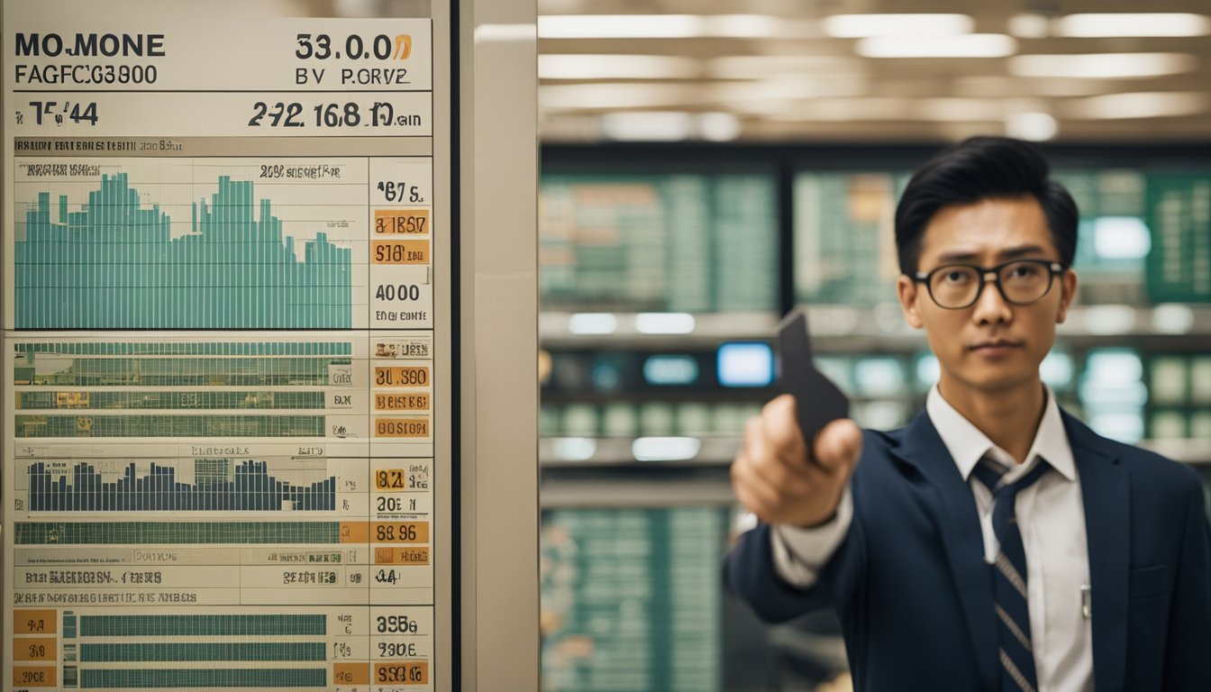 A moneylender stands with a stern expression, pointing to a sign displaying the maximum borrowing amount in Singapore. A figure looms in the background, representing the consequences of default