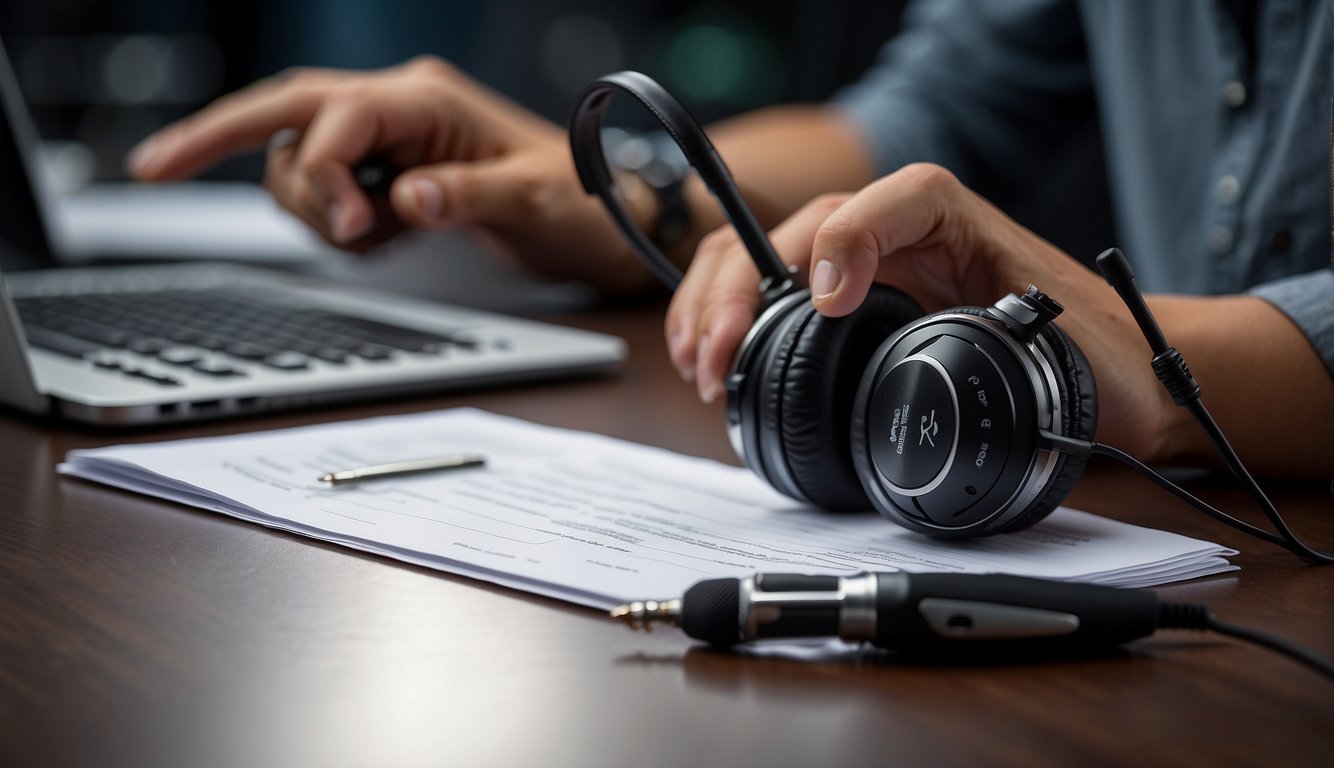 A hand holding a pen fills out a DJ song request form on a table with a microphone and headphones nearby