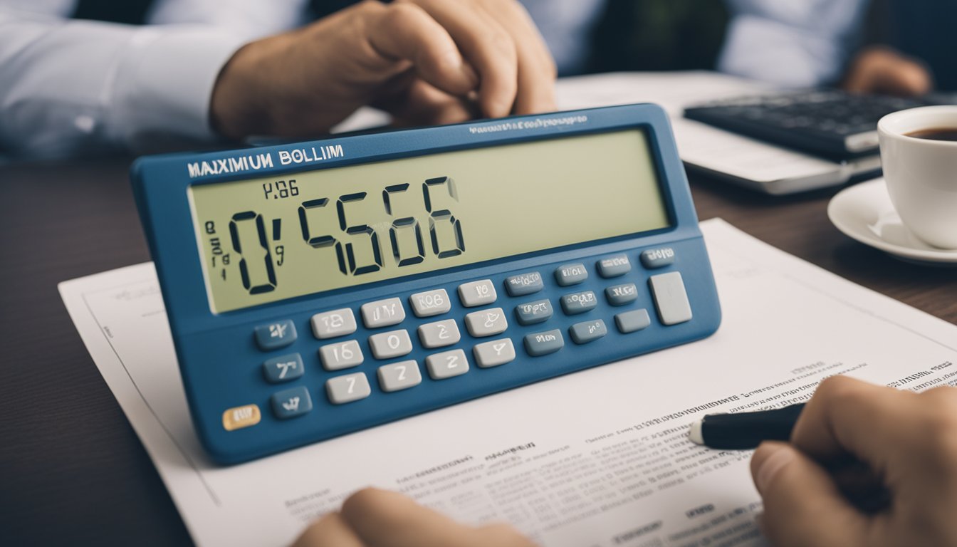 A person sitting at a desk with a calculator and paperwork, looking up at a sign that reads "Maximum Borrowing Limit from Moneylender in Singapore."