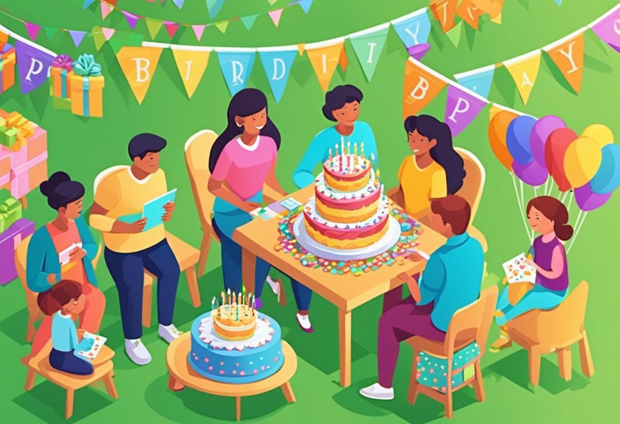 A colorful birthday banner hangs above a table with a cake and presents. A smiling family gathers around, holding cards with heartfelt messages