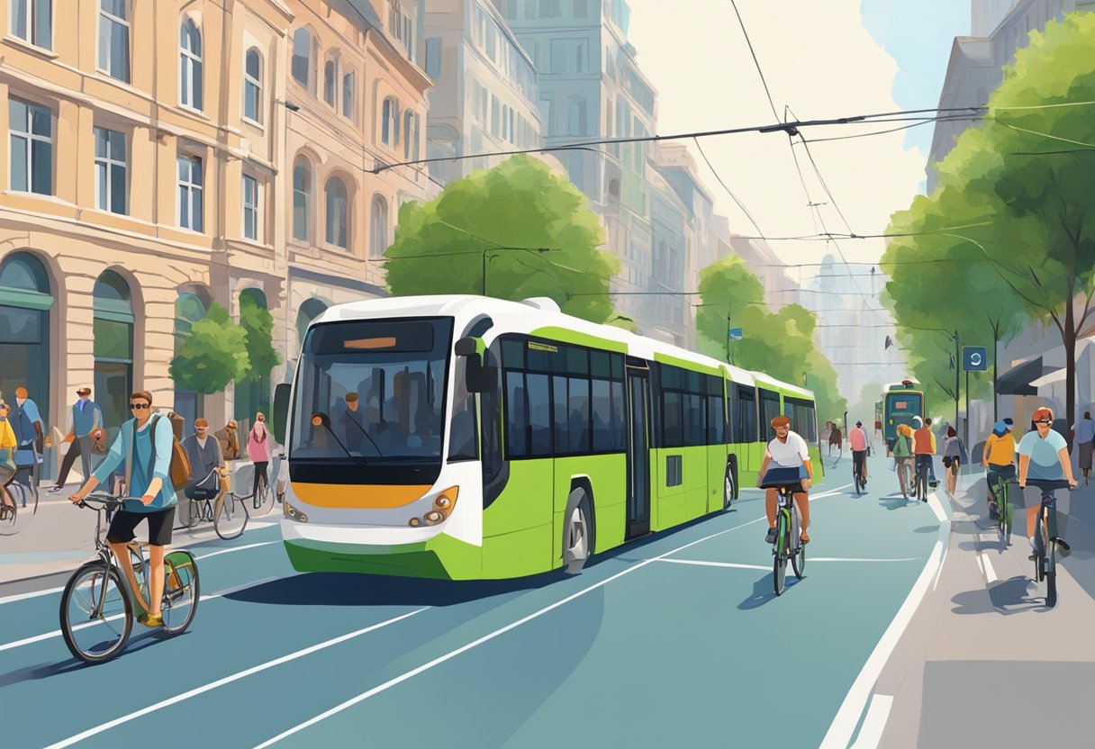 A bustling city street with cyclists, electric scooters, and pedestrians. A tram or bus in the background. Greenery and bike lanes present