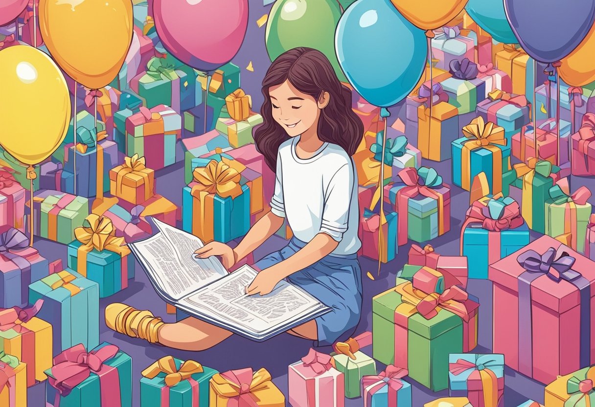 A young girl surrounded by balloons and presents, smiling as she reads a birthday card with touching 14th birthday quotes for daughter