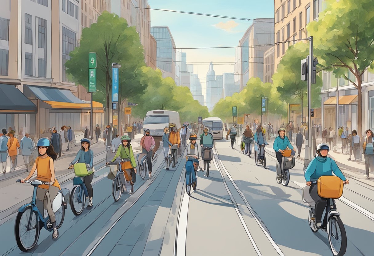 A bustling city street with cyclists, electric scooters, and pedestrians, all using sustainable transportation modes instead of private cars