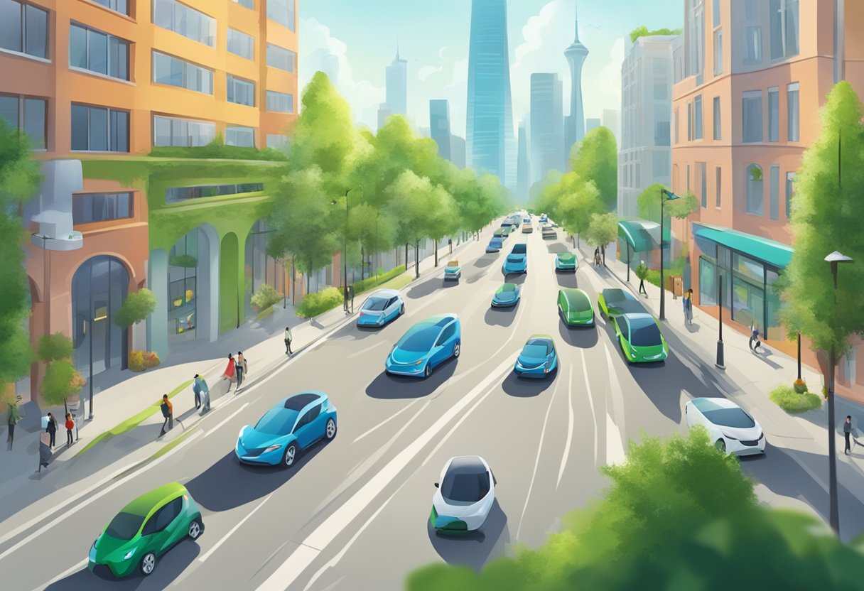 A bustling city street with electric and hybrid vehicles zipping past, surrounded by greenery and clean air