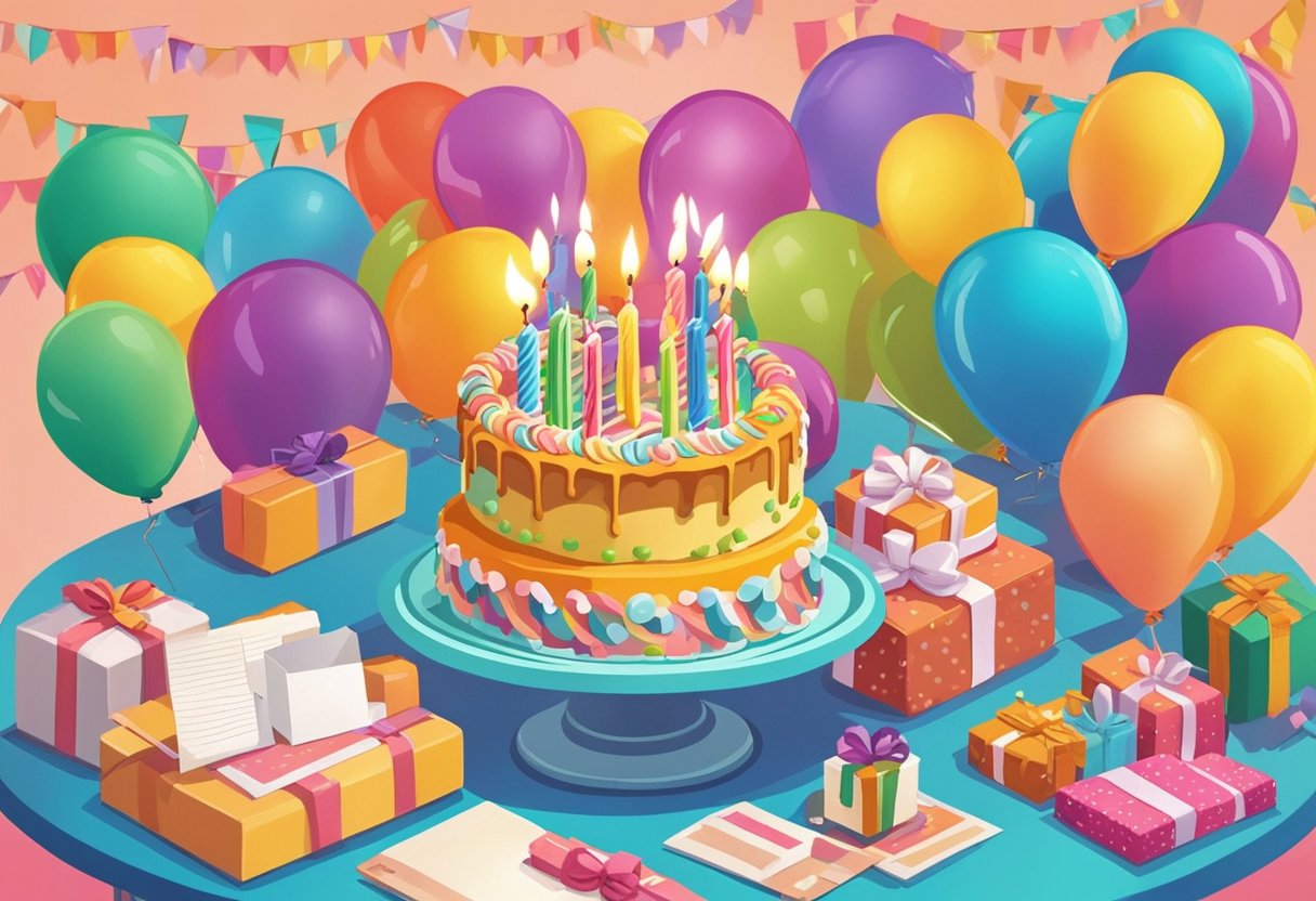 A colorful birthday cake with 14 candles, surrounded by presents and balloons, with a card reading "Happy 14th Birthday, Daughter" on a decorated table