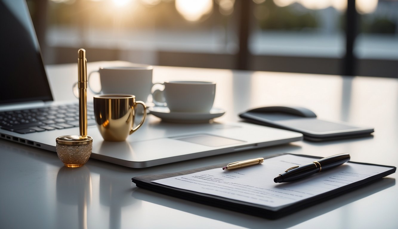 A table with a laptop, pen, and beauty products. A stack of survey questionnaires with a "beauty survey" title. Bright lighting and a clean, minimalistic background