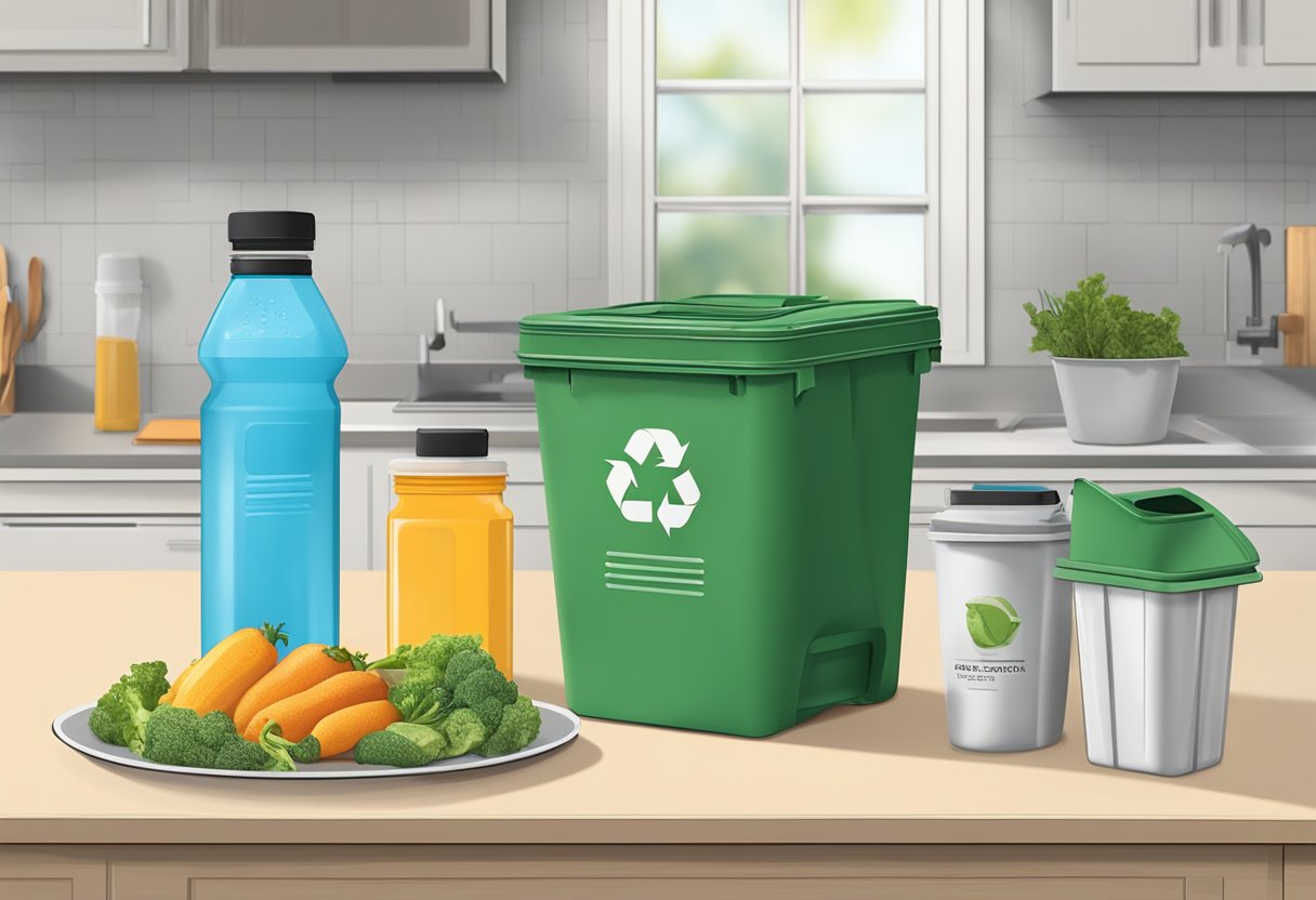 A kitchen counter with reusable containers for bulk food, a compost bin, and a recycling bin. A cloth napkin and reusable water bottle are also present