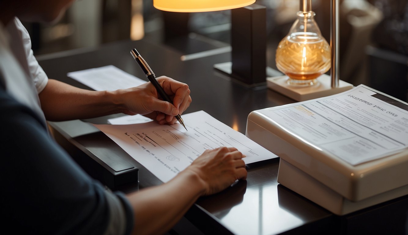 A person signing a tanning bed release form at a salon reception desk