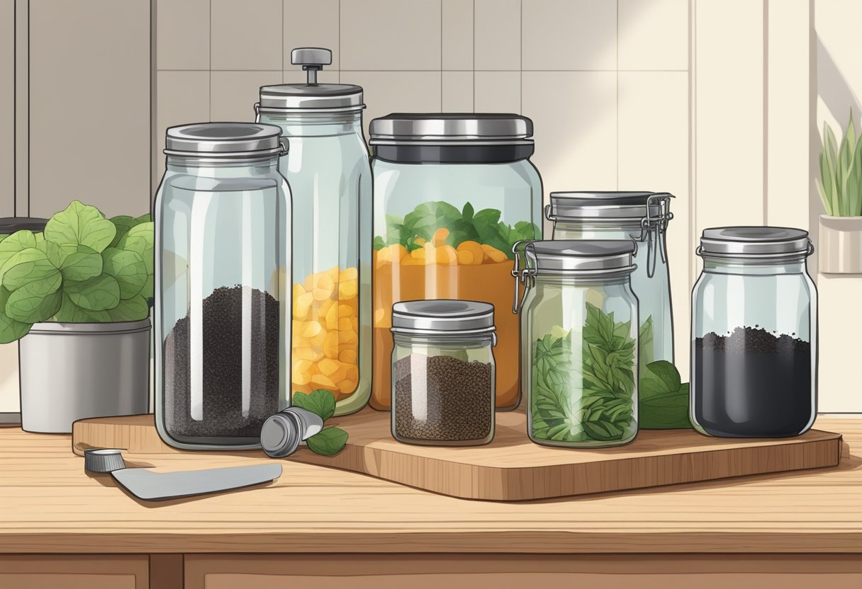 A kitchen counter with reusable glass jars filled with bulk items, a compost bin, and a stainless steel water bottle on a wooden cutting board