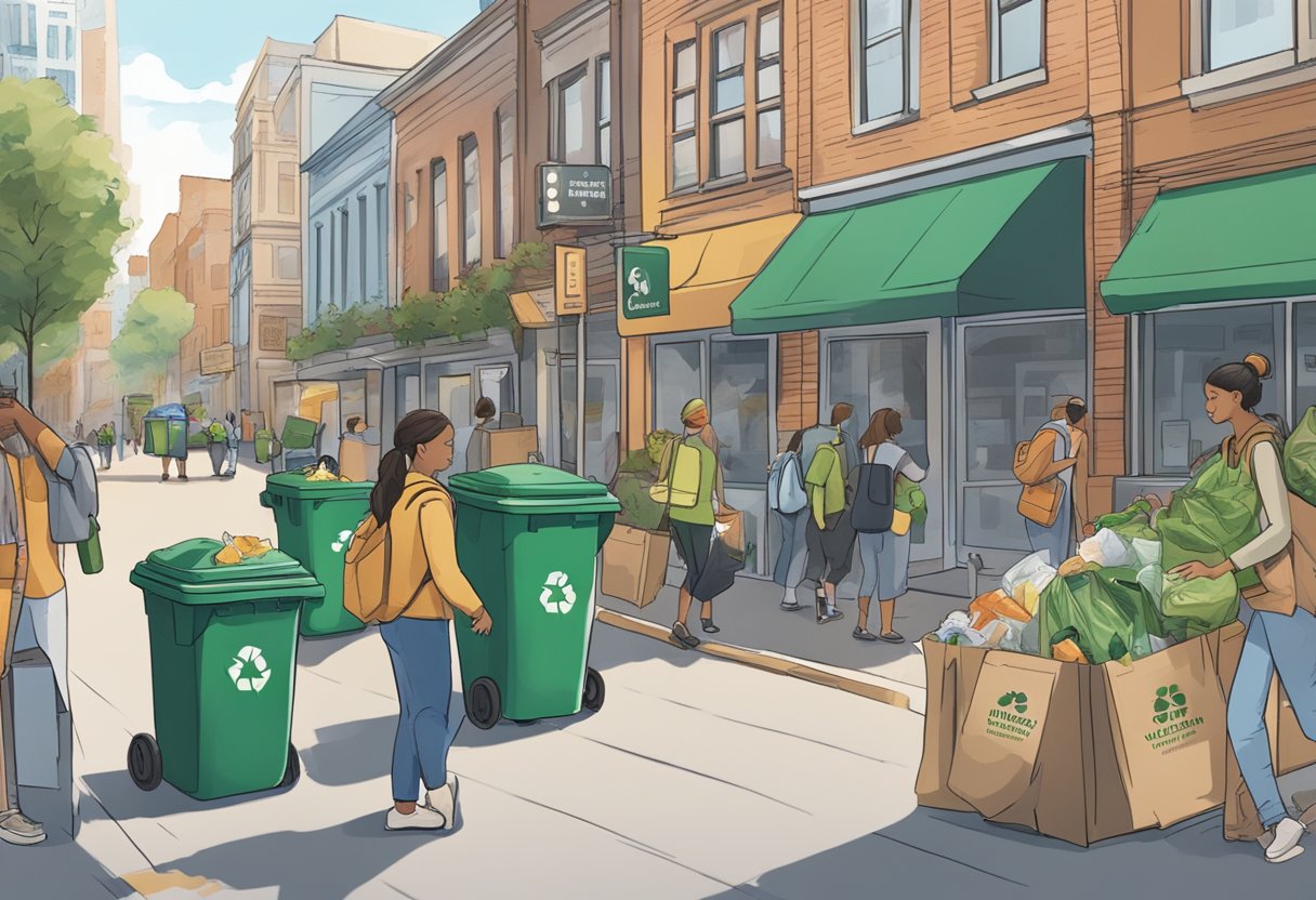 A bustling city street with overflowing trash bins and people carrying reusable bags. A composting station and recycling bins are prominently displayed, with signs promoting zero waste practices