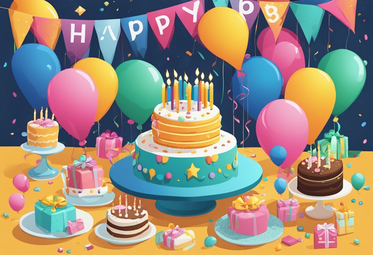 A beautifully decorated table with a birthday cake, balloons, and a "Happy 15th Birthday" banner hanging in the background. Gifts and cards are scattered around the table, creating a festive and celebratory atmosphere
