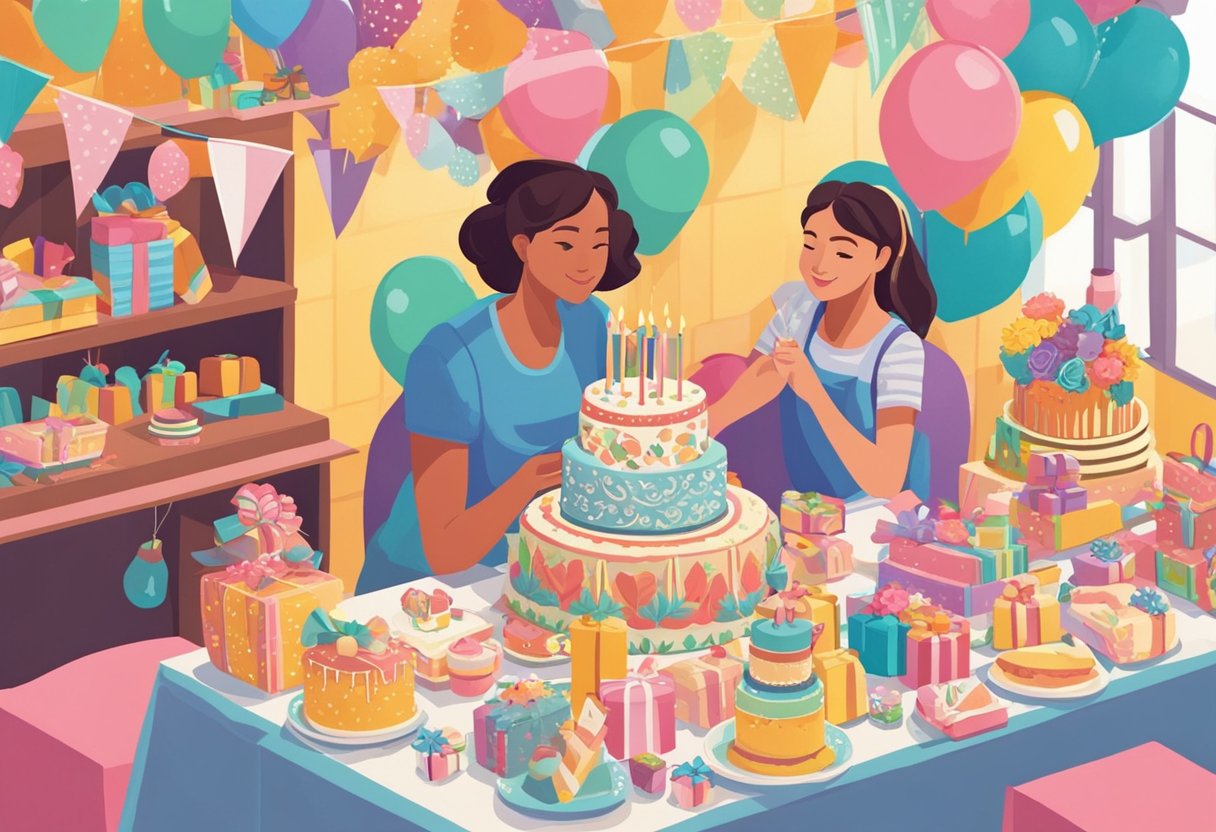 A young girl's 15th birthday party, with colorful decorations and a table filled with presents and a cake. A loving mother looks on proudly