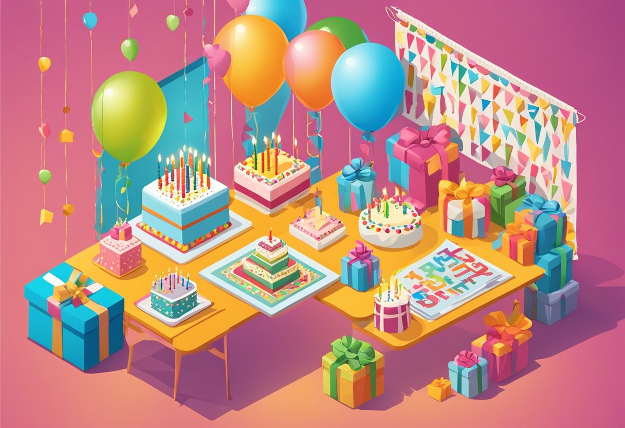 A table adorned with a colorful array of birthday cards and gifts, a cake with 15 candles, and a banner reading "Happy 15th Birthday" hanging on the wall