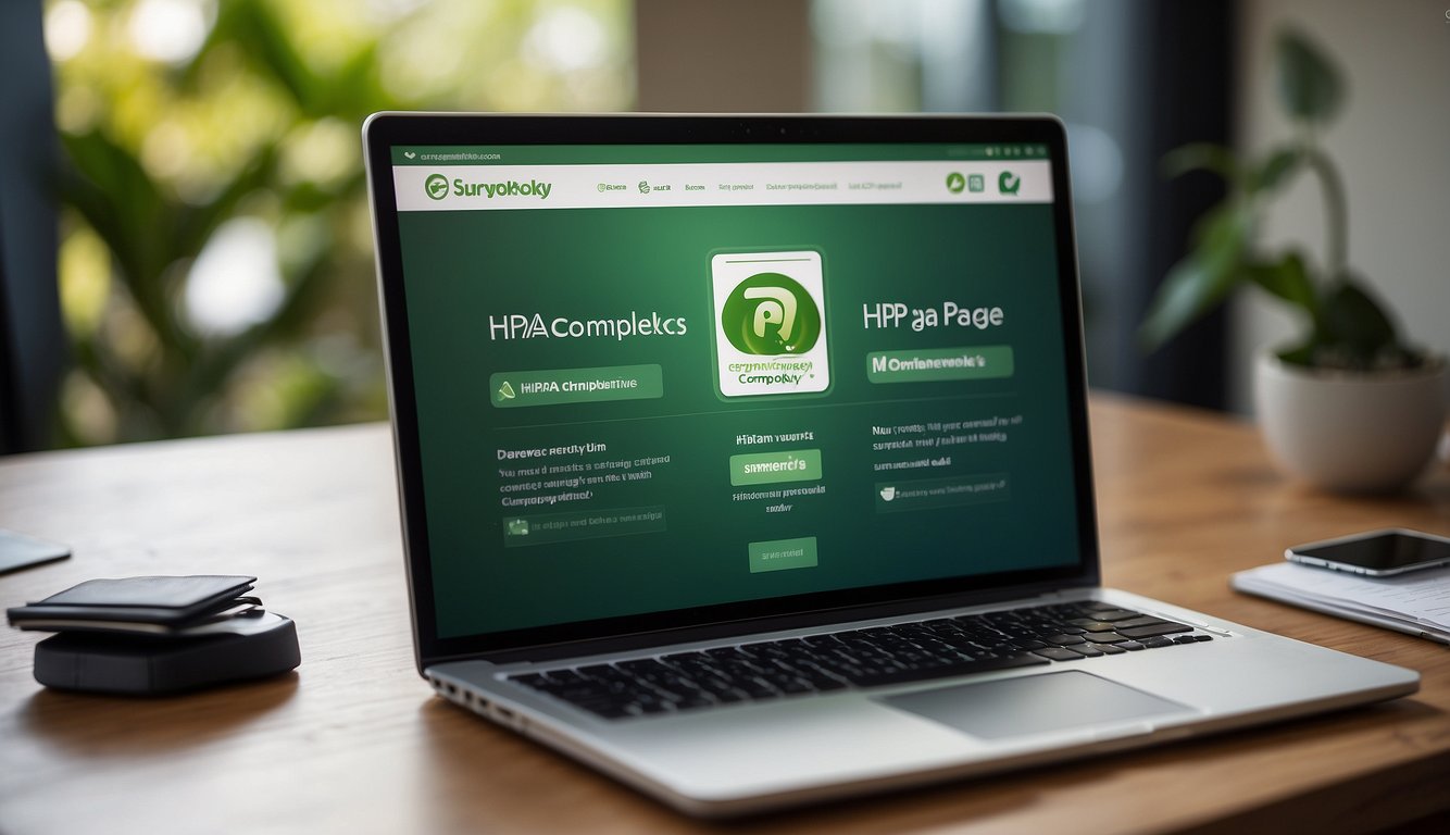 A computer screen displaying SurveyMonkey's HIPAA compliance page with a checkmark next to "SurveyMonkey is HIPAA compliant" and the HIPAA logo