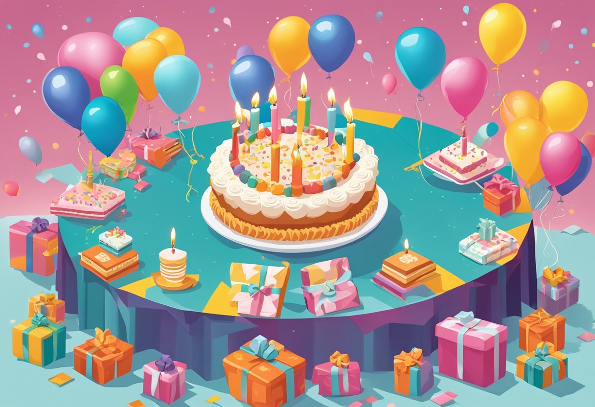 A table set with a birthday cake and 16 candles, surrounded by presents and balloons, with a card bearing the words "Happy 16th Birthday, Daughter" displayed prominently
