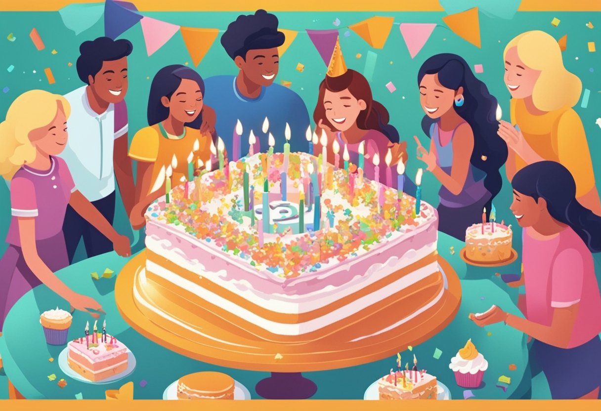 A young girl surrounded by friends and family, blowing out candles on a birthday cake with "Sweet 16" written on it, while everyone cheers and smiles