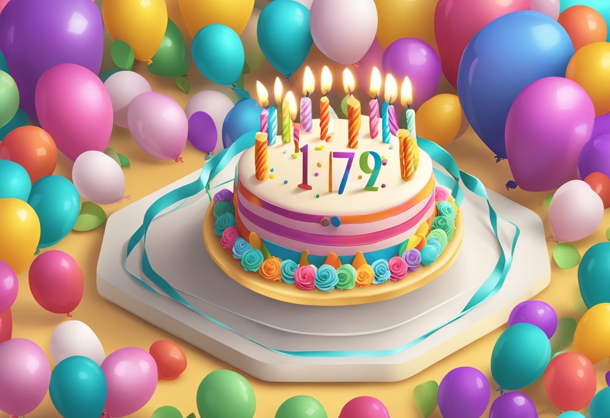 A birthday cake with 17 candles lit, surrounded by colorful balloons and a banner that reads "Happy 17th Birthday, Daughter."