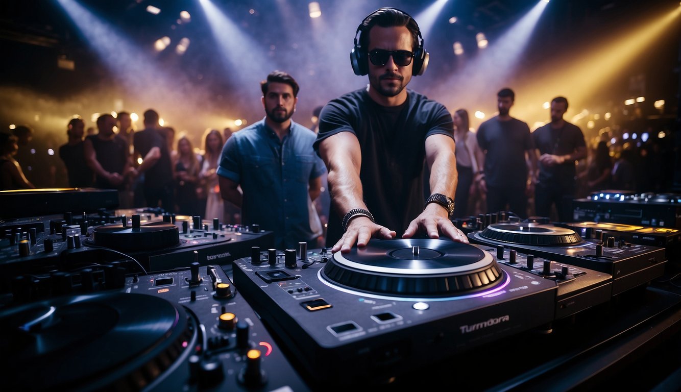 A DJ surrounded by turntables, mixers, and speakers, with a crowd dancing and lights flashing