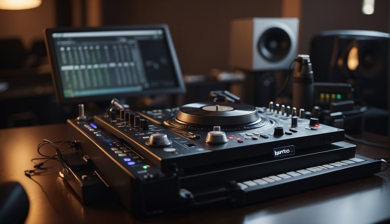 A DJ questionnaire being filled out on a desk with music equipment in the background