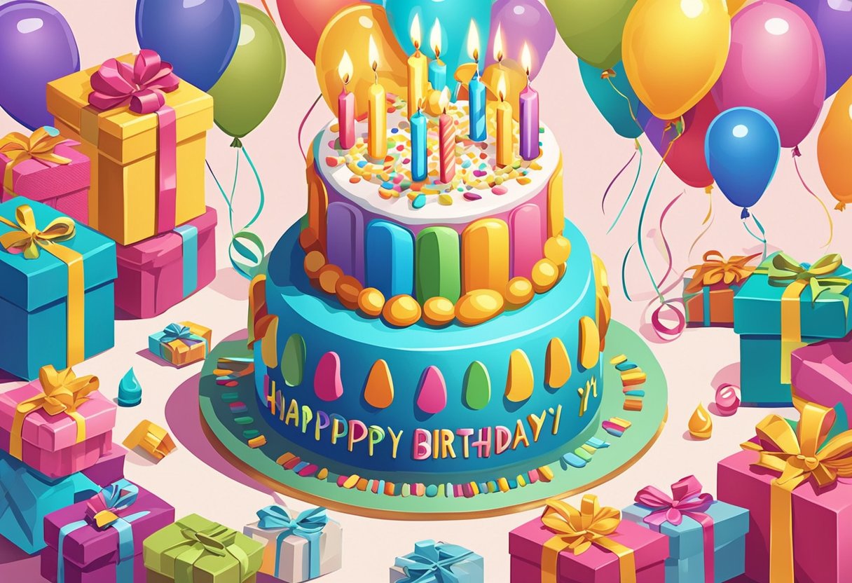 A colorful birthday cake with 17 candles, surrounded by presents and balloons, with a sentimental quote written in elegant script