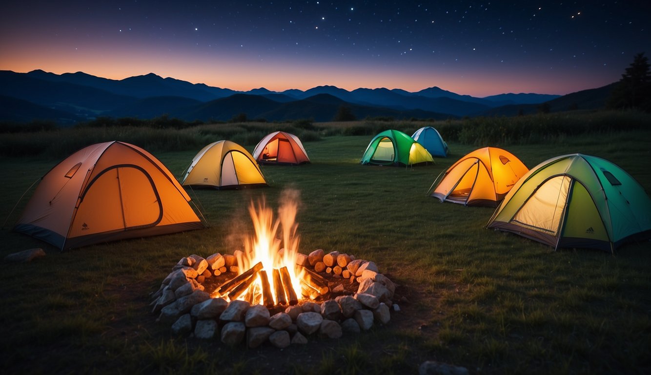 A group of colorful tents scattered across a green meadow, with a bonfire and happy campers roasting marshmallows under a starry sky