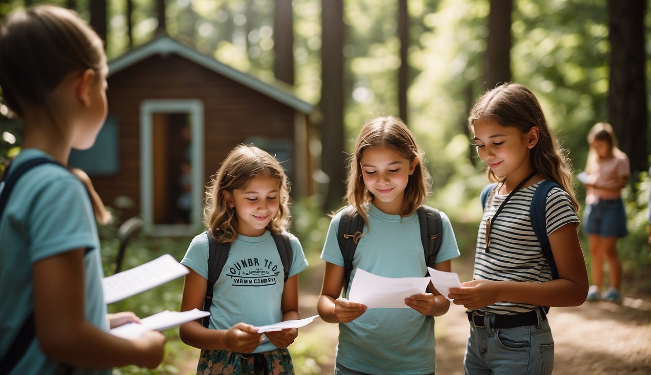 A group of children filling out survey forms at a summer camp, surrounded by trees and sunshine