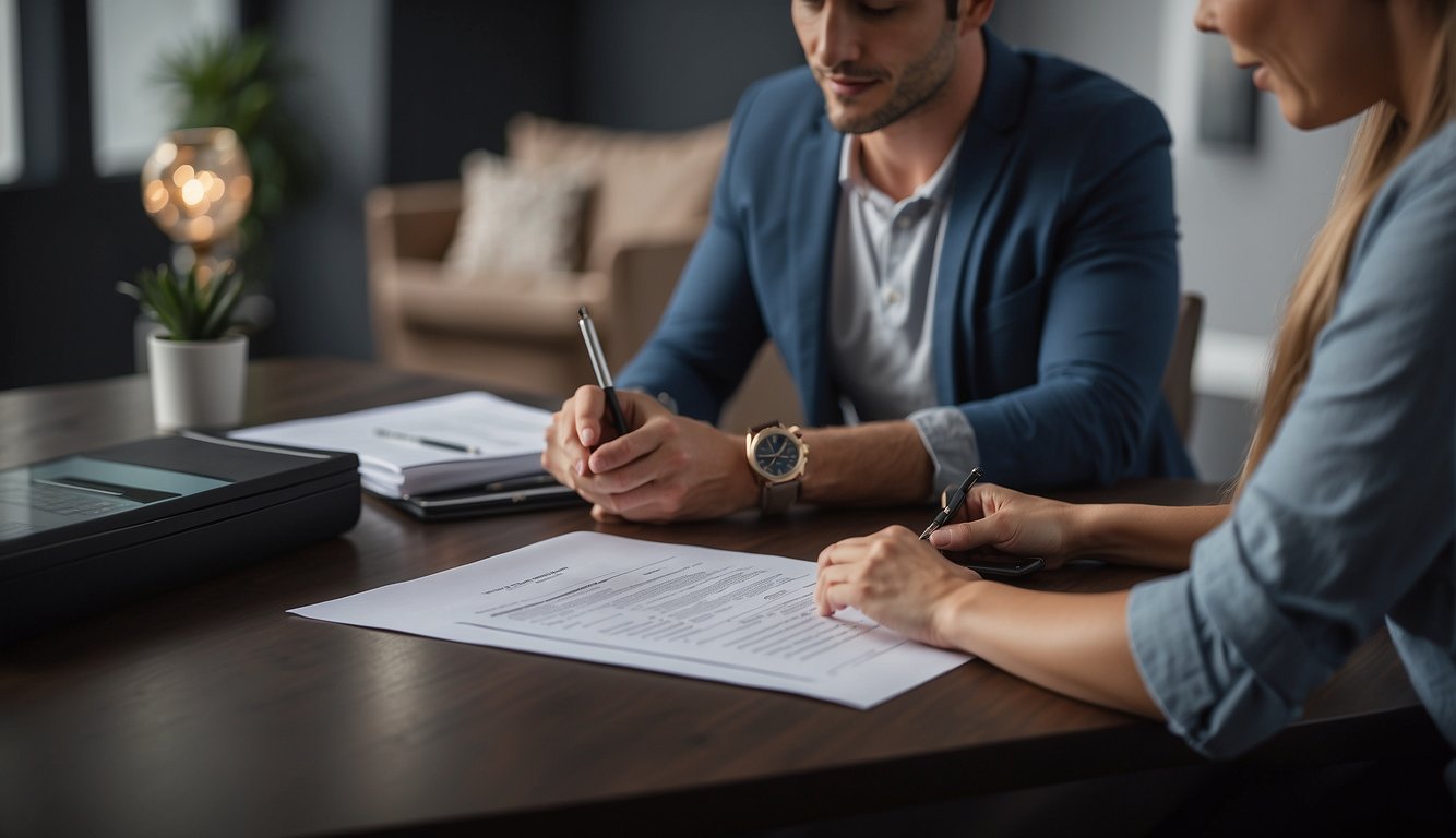 A client sitting at a table, signing a consent form. A technician standing nearby, holding a microblading tool