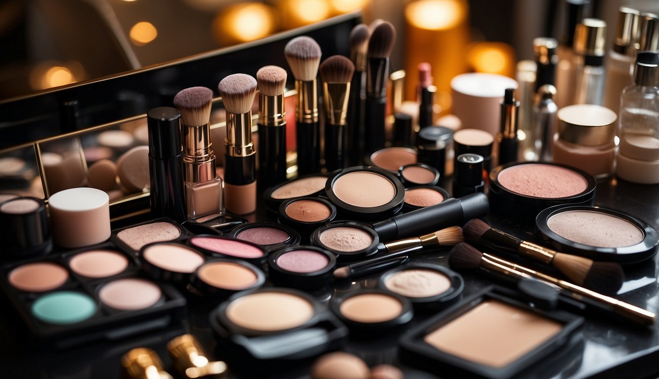 Various makeup products scattered on a vanity table, including brushes, palettes, and powders. Bright lighting highlights the vibrant colors and textures of the cosmetics