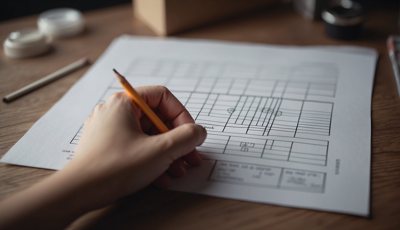 A hand holding a pencil, creating and customizing makeup forms on a blank sheet of paper