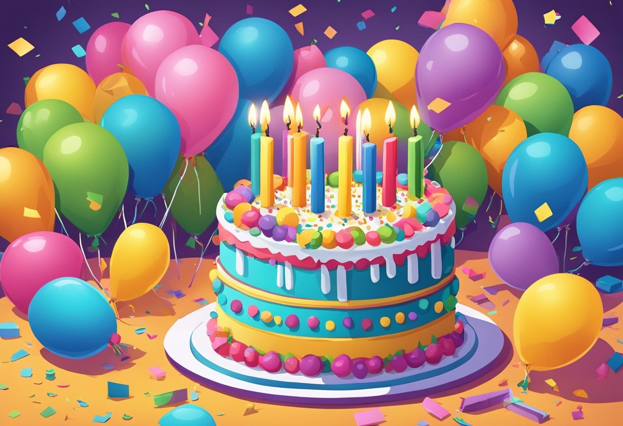 A colorful birthday cake with 19 candles, surrounded by balloons and confetti, with a card reading "Happy 19th Birthday, Daughter" on a festive table