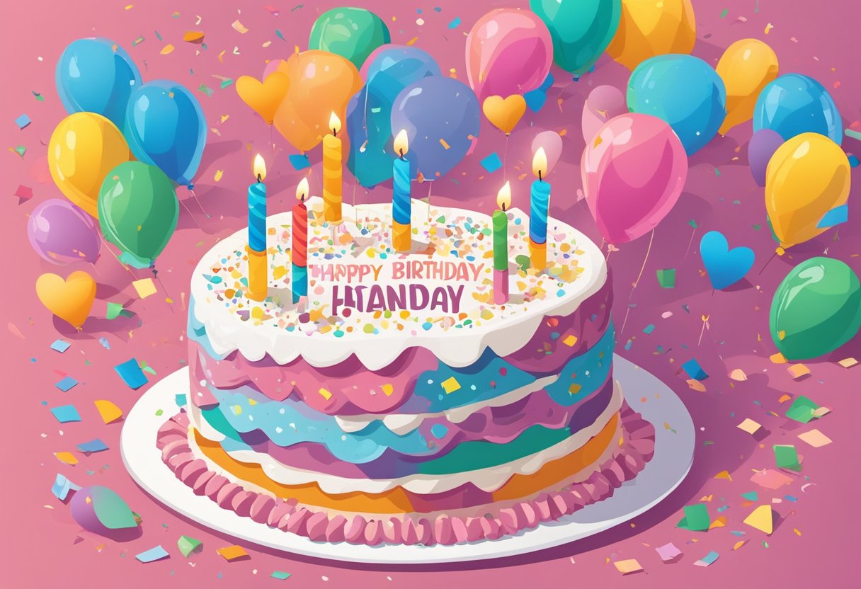 A colorful birthday cake with 19 candles, surrounded by balloons and confetti. A card with a heartfelt quote for a daughter is placed next to the cake