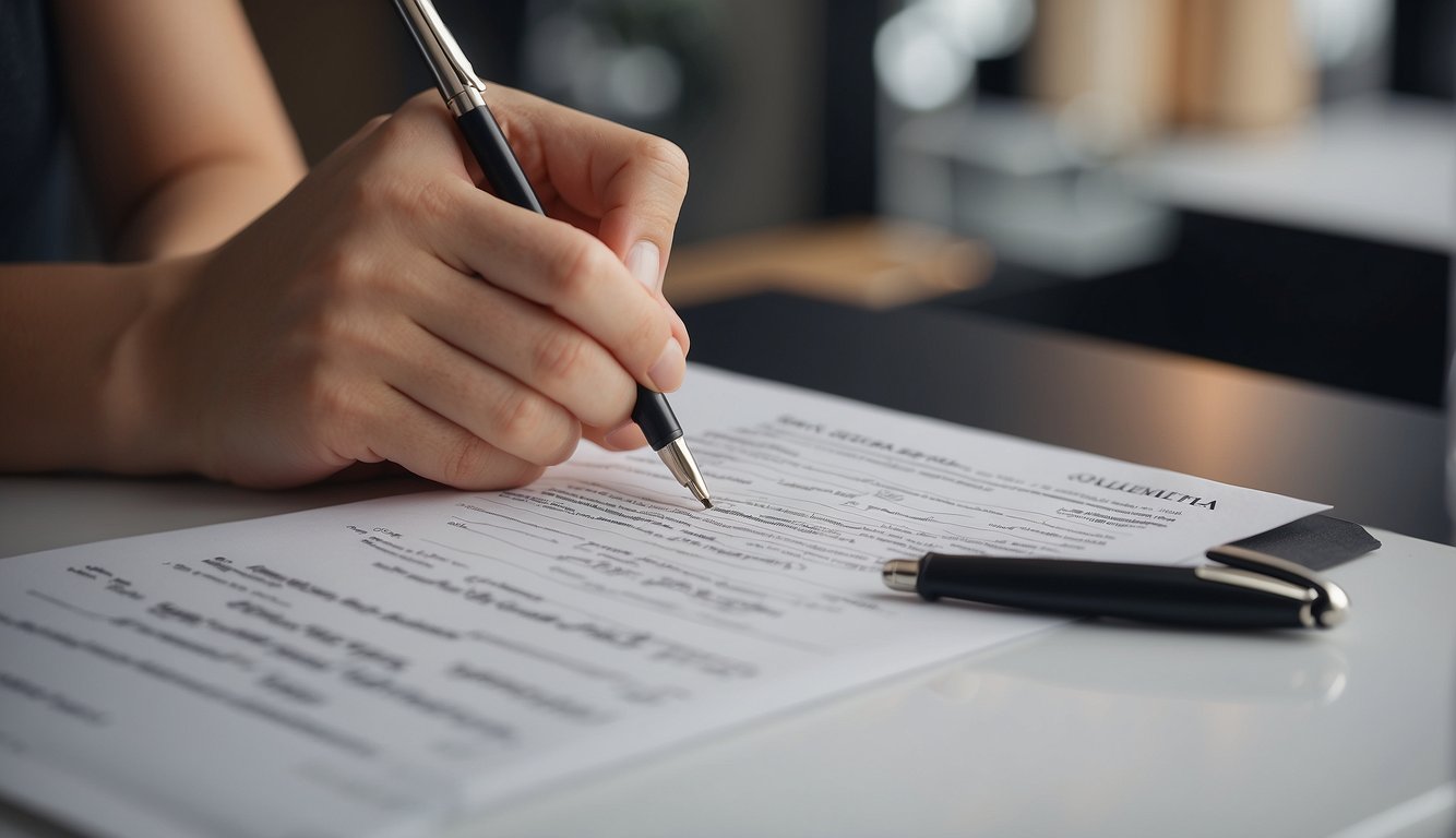 A client fills out a microblading consultation form with a pen at a sleek, modern beauty salon